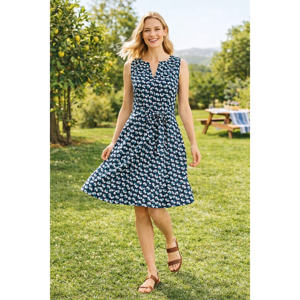 Boden Mischa Dress Navy Floral Fit Flare Belted Sleeveless Pockets Preppy Size 4